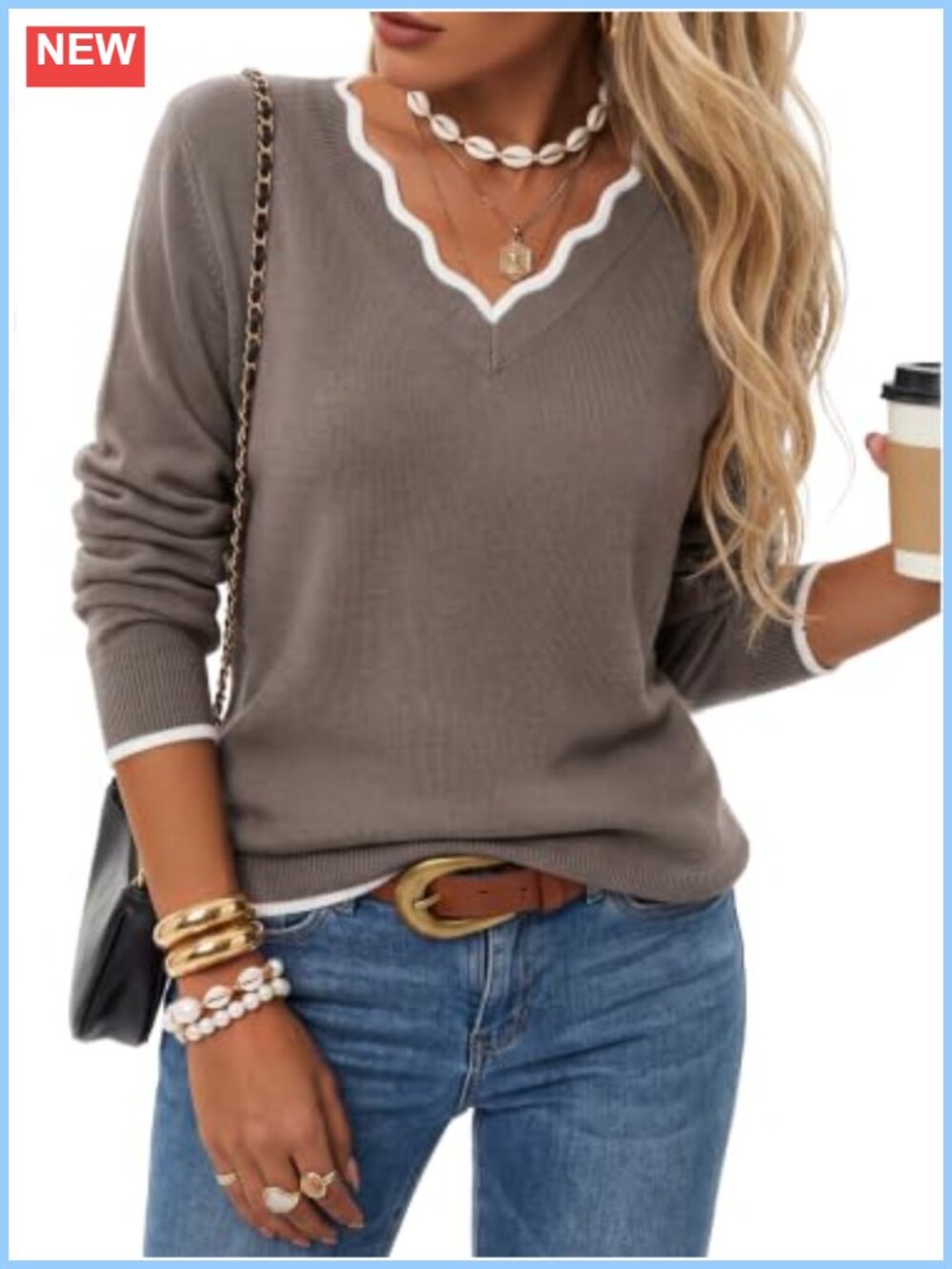 100% Cotton V Neck Scalloped Sweater Pullover Long Sleeve Top